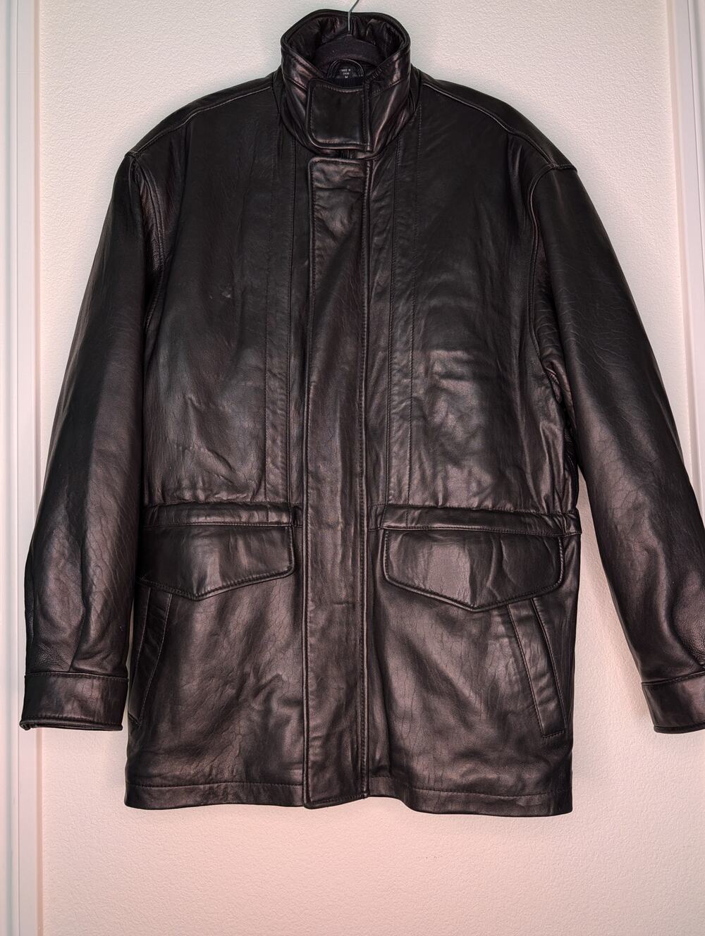VTG Baracuta Men's Genuine Leather Black Jacket M Utility Long Heavy Moto *READ